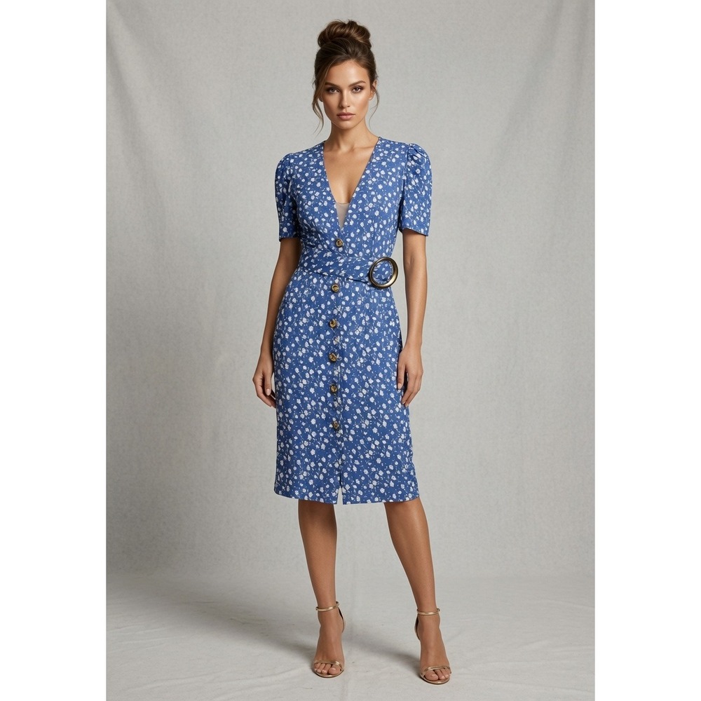 Vtg 80s Whirlaway Frocks Dress 6p Floral Button Up Belted Midi Blue 90s Made USA